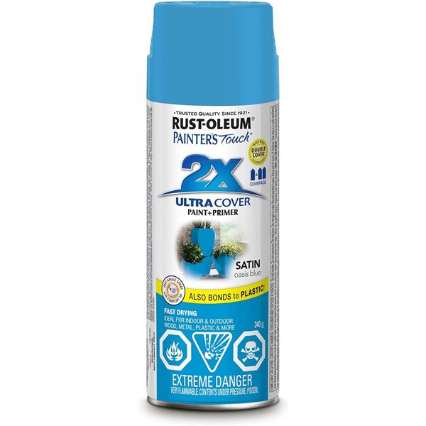 THREE 340G CANS OF RUST-OLEUM SATIN OASIS BLUE