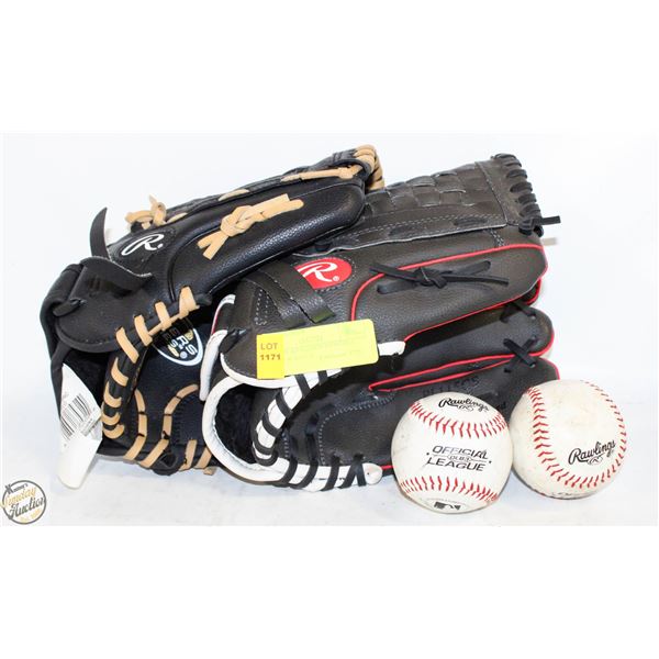 PAIR NEW RAWLINGS BASEBALL GLOVES W BALLS