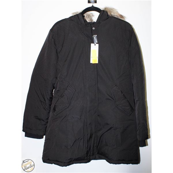 NEW BLACK JACKET WITH FUR HOOD LARGE