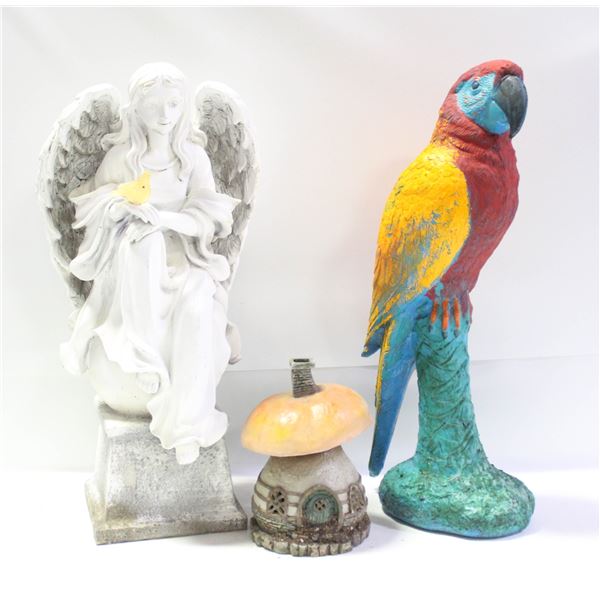 GARDEN ANGEL, PARROT STATUE & FAIRY HOUSE