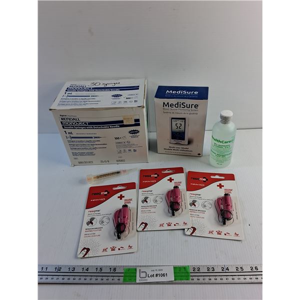 Insulin Syringes, Blood Glucose Monitoring System, 99% Isopropyl Alcohol and Quick Car Escape
