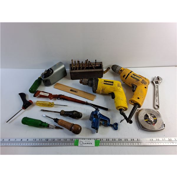 DeWalt Drills, Drill Bits, Screwdrivers, Tape Measures, 2" Bench Vise, BBQ Lighter and Misc