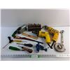 Image 1 : DeWalt Drills, Drill Bits, Screwdrivers, Tape Measures, 2" Bench Vise, BBQ Lighter and Misc