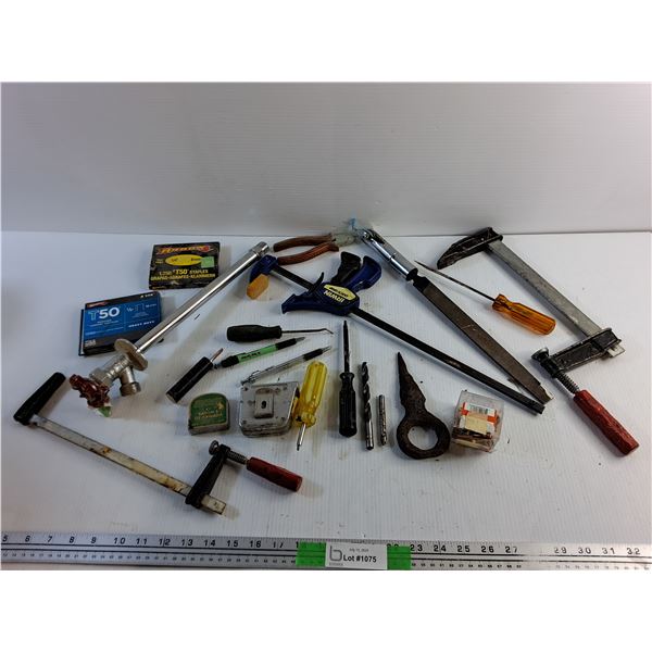 Bar Clamps, Heavy Duty Staples, Measuring Tapes, Wire Cutters, Screwdrivers and Misc