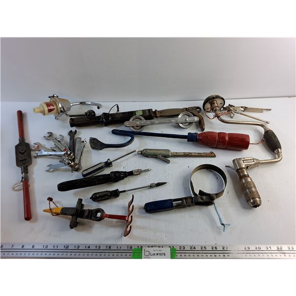 Nail Puller, Wrenches, Strap Wrench, Manual Drill, Vintage BBQ Lighter, Screwdrivers and Misc
