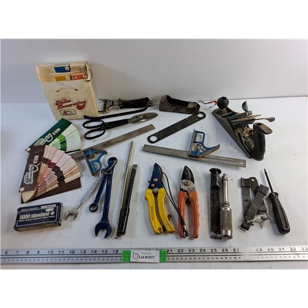 Tin Shears, Staples, Wrenches, Chisel, Wood Plane, Vintage Paint Color Samples and Misc