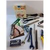 Image 2 : Tin Shears, Staples, Wrenches, Chisel, Wood Plane, Vintage Paint Color Samples and Misc