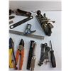Image 5 : Tin Shears, Staples, Wrenches, Chisel, Wood Plane, Vintage Paint Color Samples and Misc