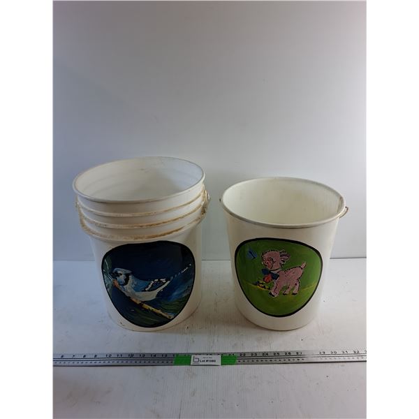 (2) Hand Painted Plastic Buckets 14" x 12"