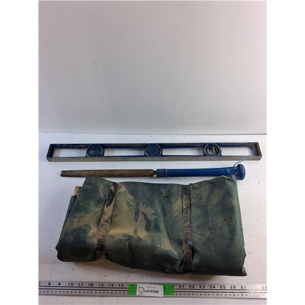 Tarp, 28" Carpenters Level and 12" Metal File