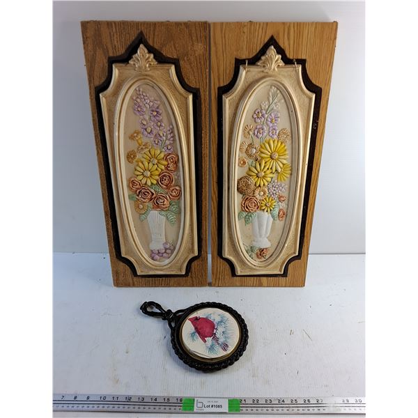 (2) Hand Painted Wall Decorations 25" x 10" and Hanging Bird Picture