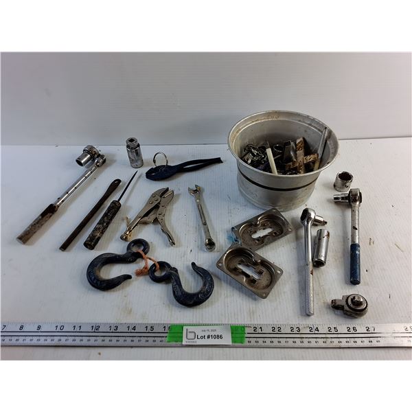 Hooks, Vise Grips, Metric Sockets, Ratchet Wrenches, Metal Bowl and Pliers