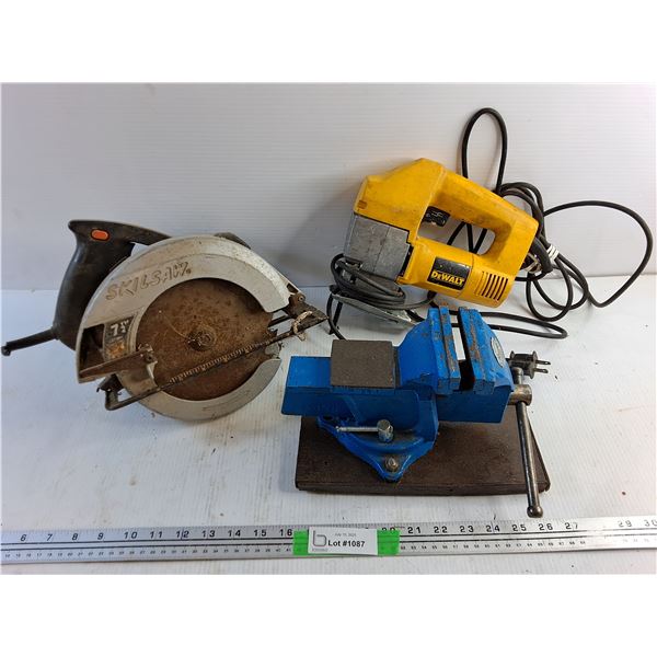 Skilsaw 7/14" Circular Saw, DeWalt JigSaw and 4" Bench Vise - As Is