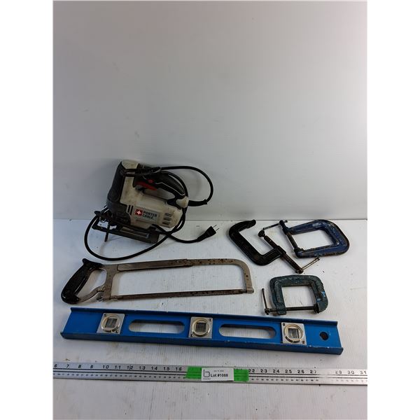 Porter Cable Jig Saw, Hand Saw, C Clamps and Carpenters Level - As Is