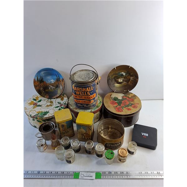 Vintage Tins, Hand Painted Metal Plates, Miniature Jars and V88 Receiver - As Is