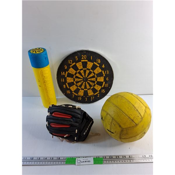 Darts Board, Water Gun, Easton Baseball Glove and Volleyball