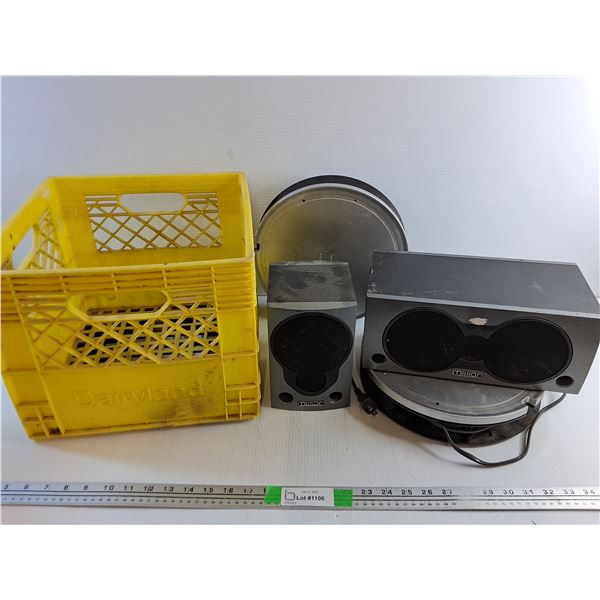 Mission Speakers/Audio System, (2) Sony Speaker Bases and Milk Crate - As Is -  PICK UP