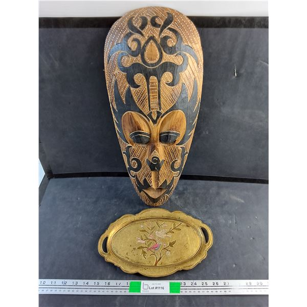 Carved Wood Mask Decoration 21" x 8" and Brass Serving Tray 12" x 7"