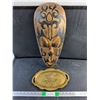 Image 1 : Carved Wood Mask Decoration 21" x 8" and Brass Serving Tray 12" x 7"