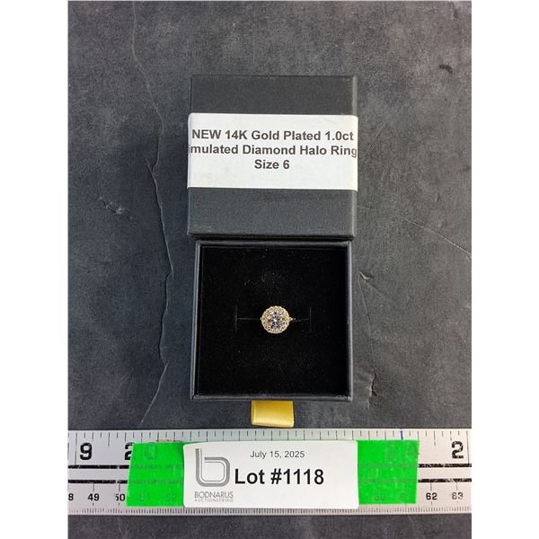 ^New 14K Gold Plated 1.0ct Simulated Diamond Halo Ring - Size 6, Authenticity Not Guaranteed