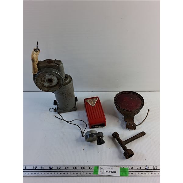 Vintage Vertical Motor with Pulley, Emergency Light Unit, Vintage Tail Light and Misc
