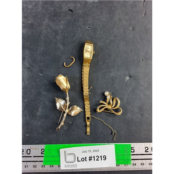 Brass Brooches and Pulsar Brass Watch - As Is