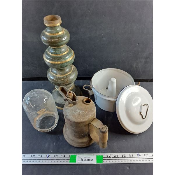 Lamp Base, Enamel Cake Dish with Lid and Propane Torch