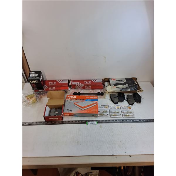 Assorted Unused Auto Parts (Brake Pads, Air & Fuel Filters, Spark Plugs, Stabilizer Bars)