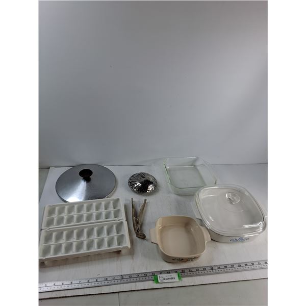(3) Casserole Dishes, (2) Ice Cube Makers, Misc