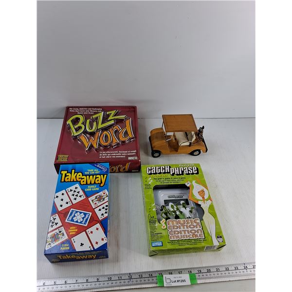 (3) Board Games - Take Away, Buzz Word, Catch Phrase, Decorative Wooden Golf Cart