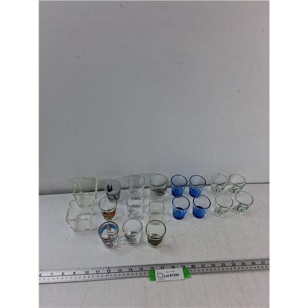 (2) Candle Holders, (17) Shot Glasses