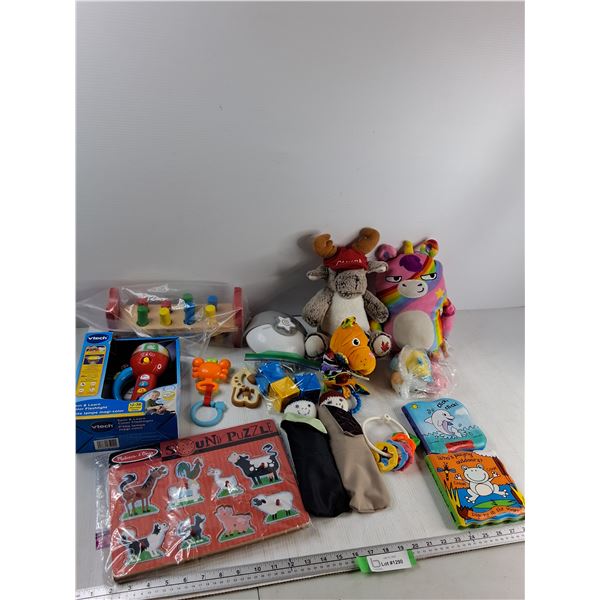 Assorted - (2) Stuffed Animals, (2) Childrens Books, Vtech Spin & Learn Colour Flahlight, Misc
