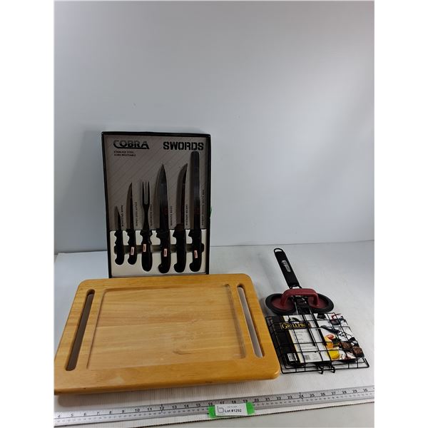 Wooden Tray, Burger Slider Basket And Press, Cobra Knife Set