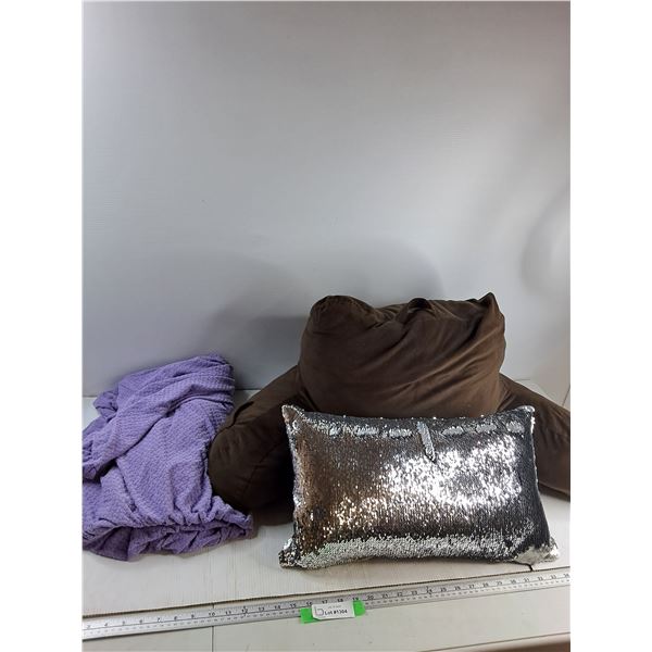 Purple Chair Cover, Brown Back Support Pillow, Sequined Pillow CANNOT SHIP