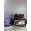 Image 1 : Purple Chair Cover, Brown Back Support Pillow, Sequined Pillow CANNOT SHIP