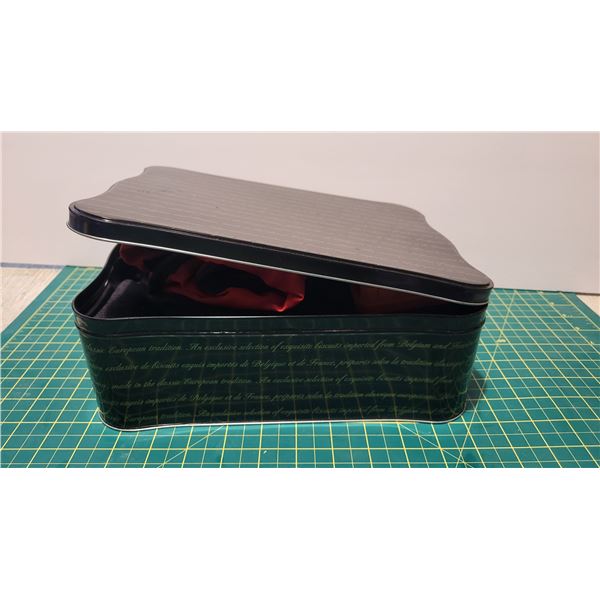 Tin with Misc Items-Tin, 2 knees braces, 1 heated brace, small tool box, and more.