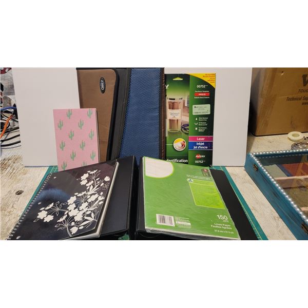 Office/School Lot-Note books, loose leaf, 2 binders, labels, and Velcro file case.