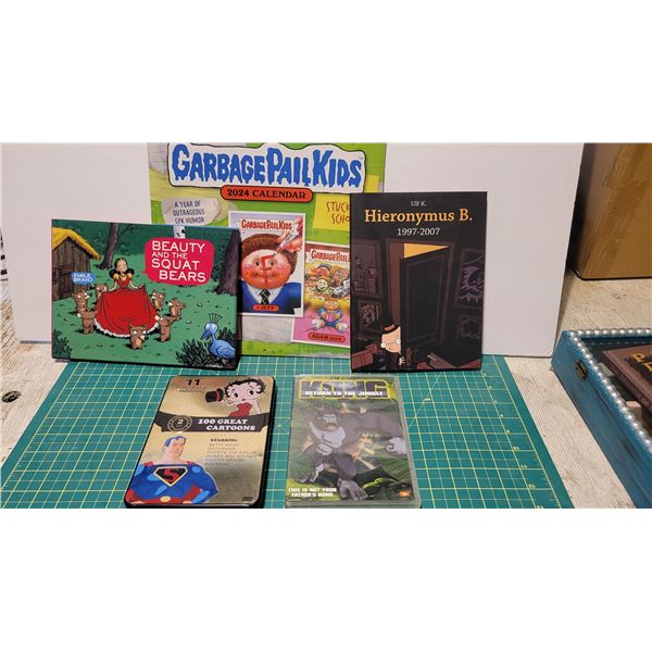 DVDs - classic cartoons, King Kong,  2 graphic novels, and sealed 2024 garbage Pail Kids Calendar