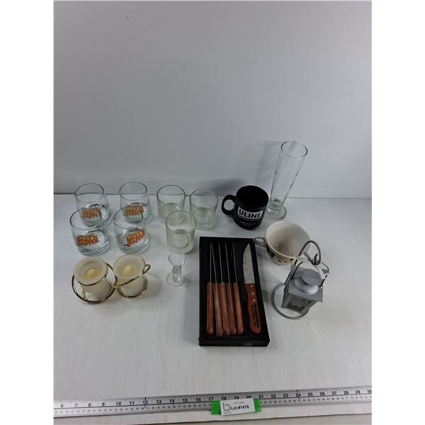 (7) Cups, (3) Candle Holders And Candles, (2) Mugs, Misc