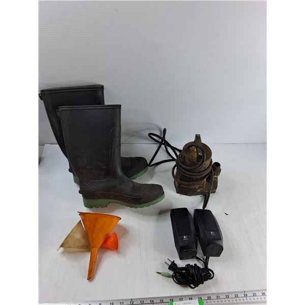 Rubber Boots Children Size 7, (3) Plastic Funnels, Pump, Logitech Speakers - As Is