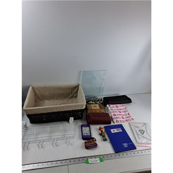 (5) Purses, Phone Case, Rack With Hook, Basket, Misc 17'' x 12'' x 7'' As Is
