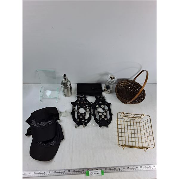 (2) Baskets, (2) Hats, Ice Grip Shoes, Misc - As Is