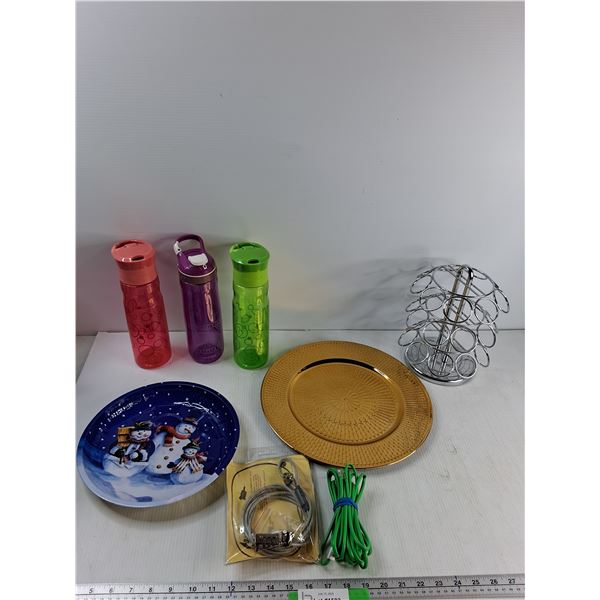 (3) Contigo Water Bottles, Coffee Pod Holder,  Serving Platter, Misc