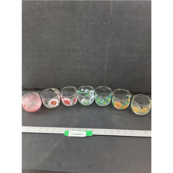 Hand Painted Flower Cups- (7) Glasses- Some Paint Chipped Off