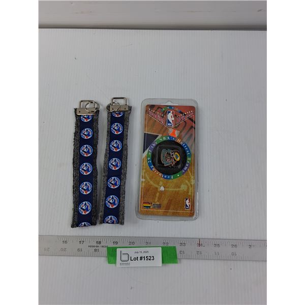 (2) Toronto Blue Jay Wristlet Keychain And 1995 NBA Trading Pin