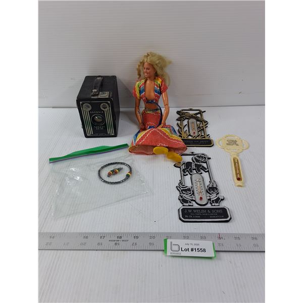 Variety Of Items- Thermometer, Barbie, Kodak Brownie Targets Six-20 Camera, Bracelet & Earrings
