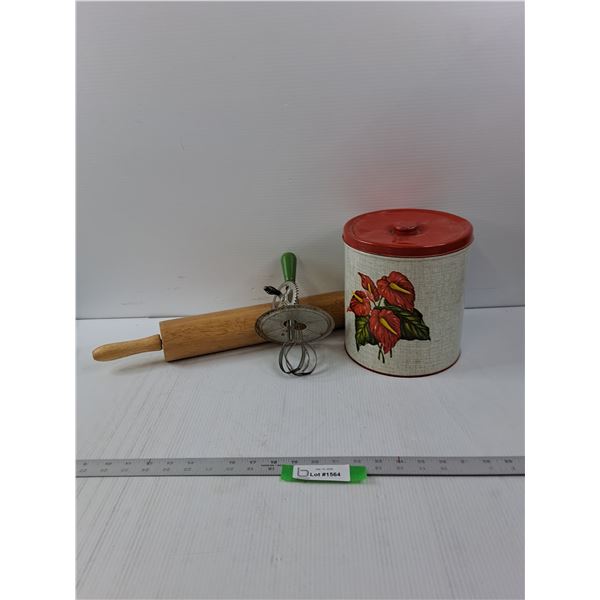 Vintage Hand Mixer , Rolling Pin, Flower Pattern Tin Canister