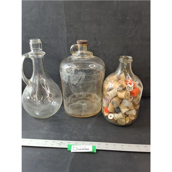 (3) Glass Jug- One Filled With Thread Spools- All About 12.5"