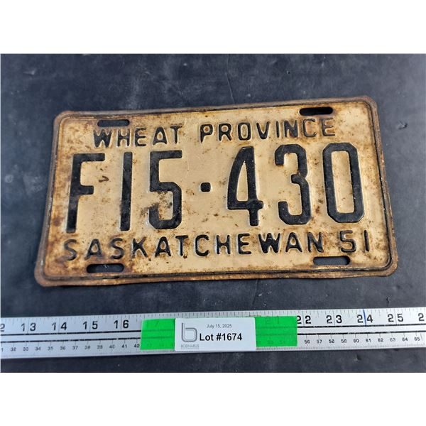 1951 Saskatchewan License Plate