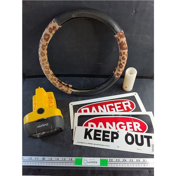 Steering Wheel Cover, Dolphin Flashlight, Danger Signs and Candle